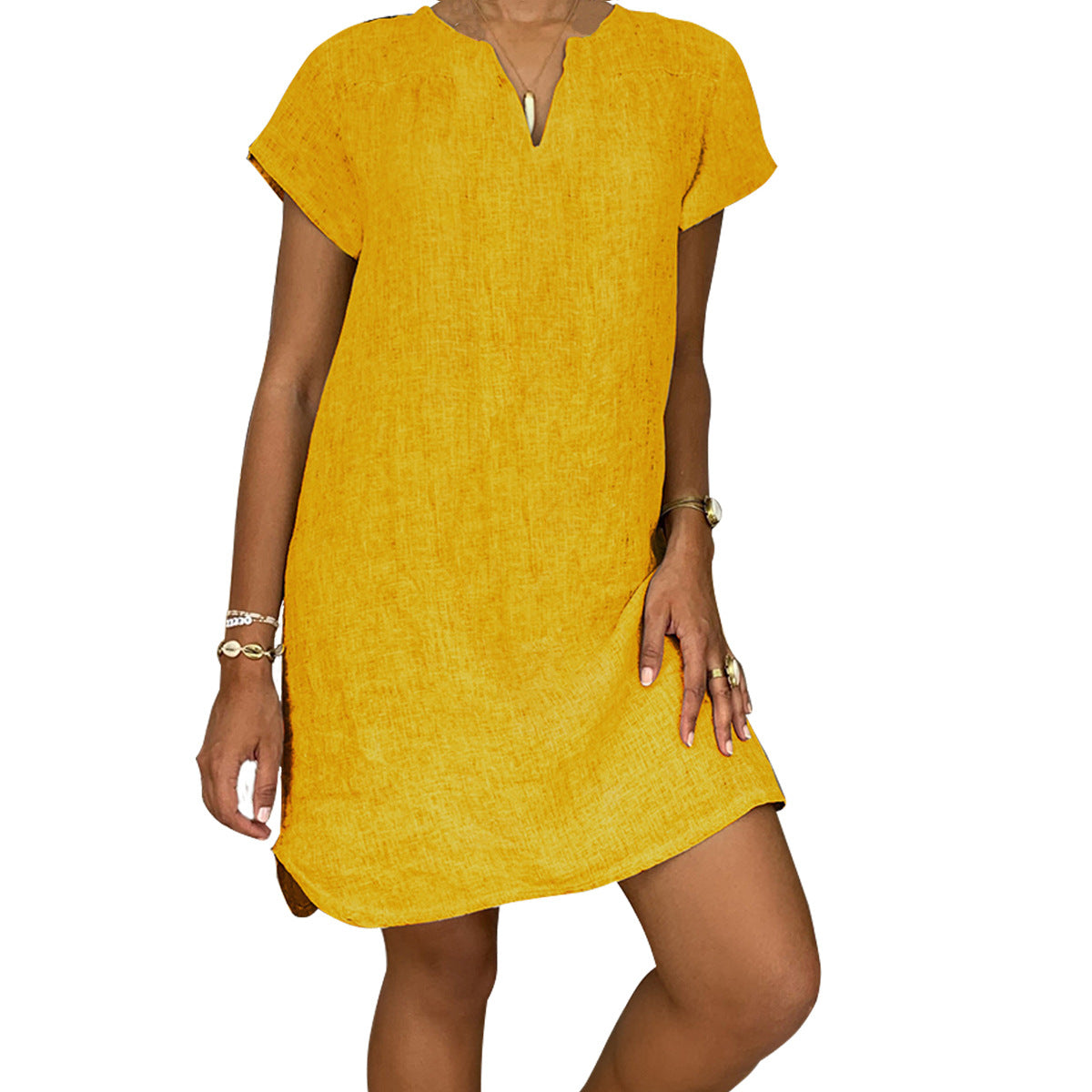 Summer Loose Solid Color Short-sleeved Collar Cotton And Linen Pullover Dress Women's Clothing