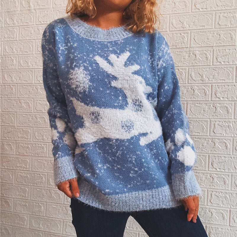 New Fawn Snowflake Round Neck Knitted Pullover - 4KsApparels