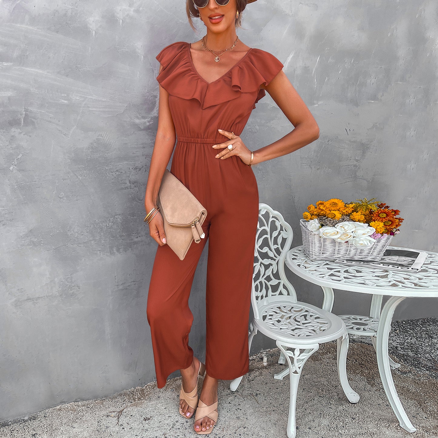 European And American Women's Solid Color Open Back Jumpsuit Summer Off Shoulder Casual Sundress Women Beachwear Jumpsuit Ruffle High Waist Jumpsuits Female Overalls Body Mujer - 4KsApparels