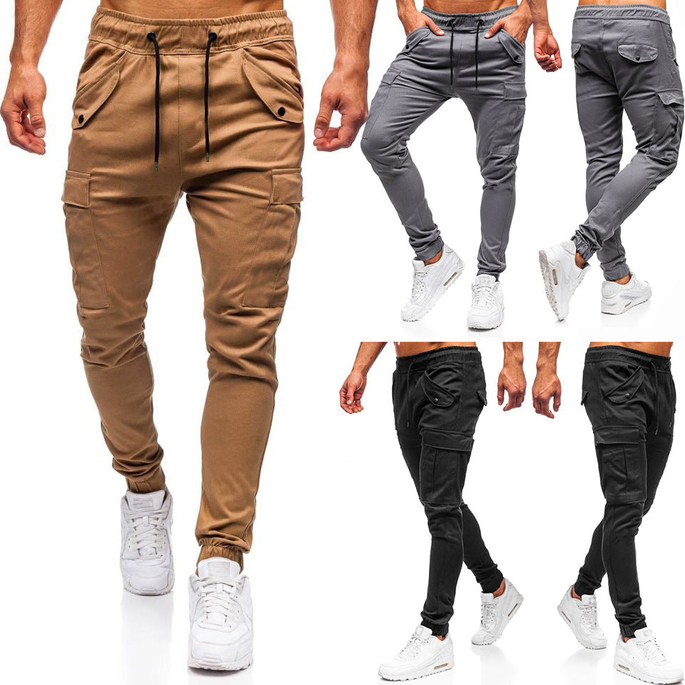 Solid Color Casual Sports Trousers With Flap Pockets