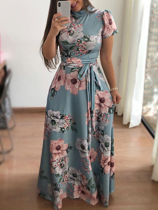 Women's Floral Print Short Sleeve Swing Dress