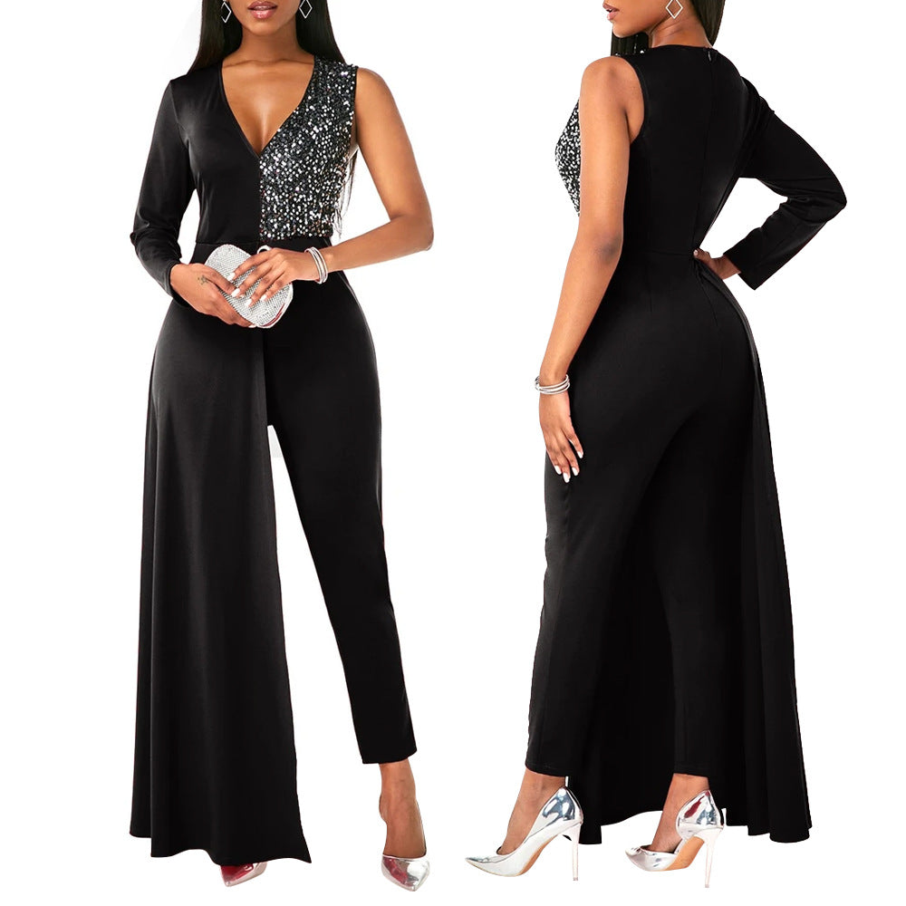 V-neck Sequin Covered Hip Plus Size Jumpsuit