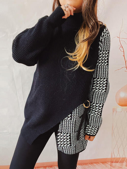 Houndstooth Turtleneck Long Sleeve Slit Sweater