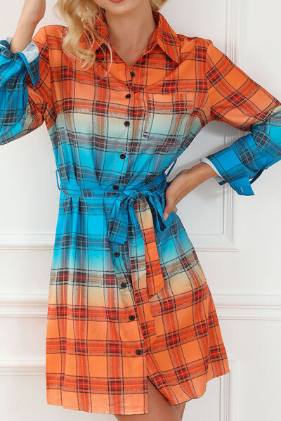 Plaid Button Up Tie-Waist Dress